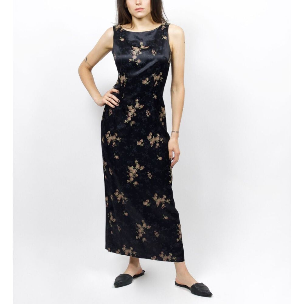 Black Gold Floral Satin Maxi Dress Sleeveless Slip Y2K Boho Casual 90s Small